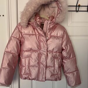 Abercrombie & Fitch Shiny Pink Kids Puffer with Faux Fur Hood size 9/10